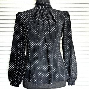 Vintage 80s Victorian Corporate Goth Mockneck Micro Polka Dot Black Blouse Sz S